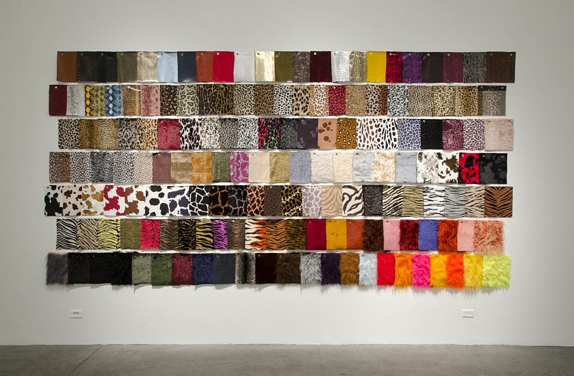 Lynn Aldrich, Designer's Choice: The Naming of the Animals
1997, Fake fur swatches, animal print fabric swatches, brass grommets, and brass pins